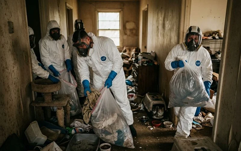 Professional cleanup team removing contaminated materials from an animal hoarding home wearing full biohazard protection