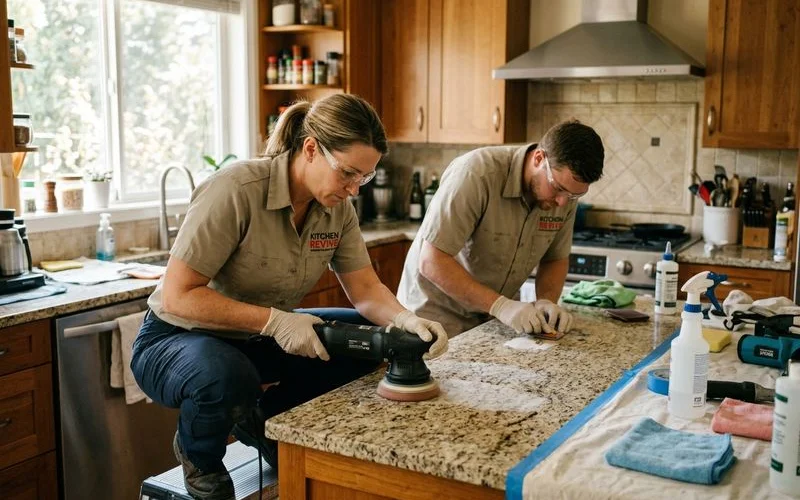 Kitchen recovery team clearing and sanitizing countertops