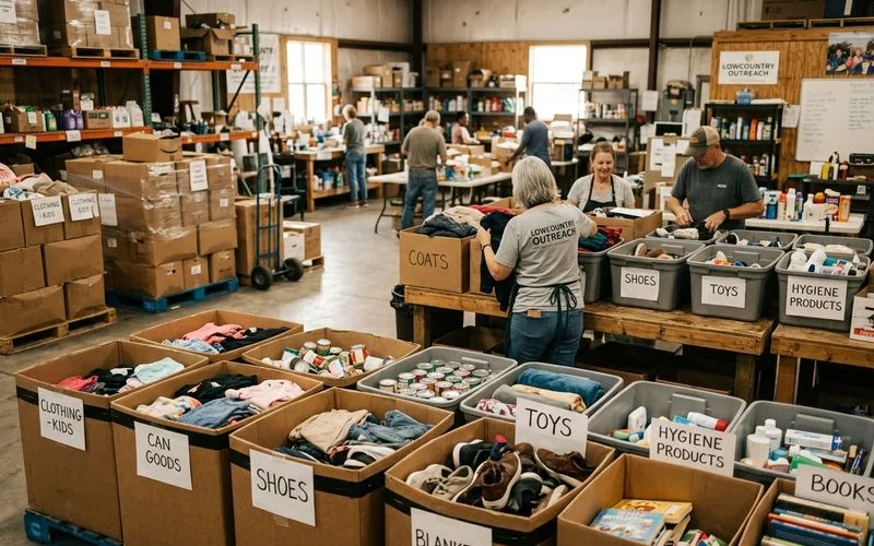 Eco friendly recycling and donation items sorted and ready for distribution to local Lowcountry charity organizations