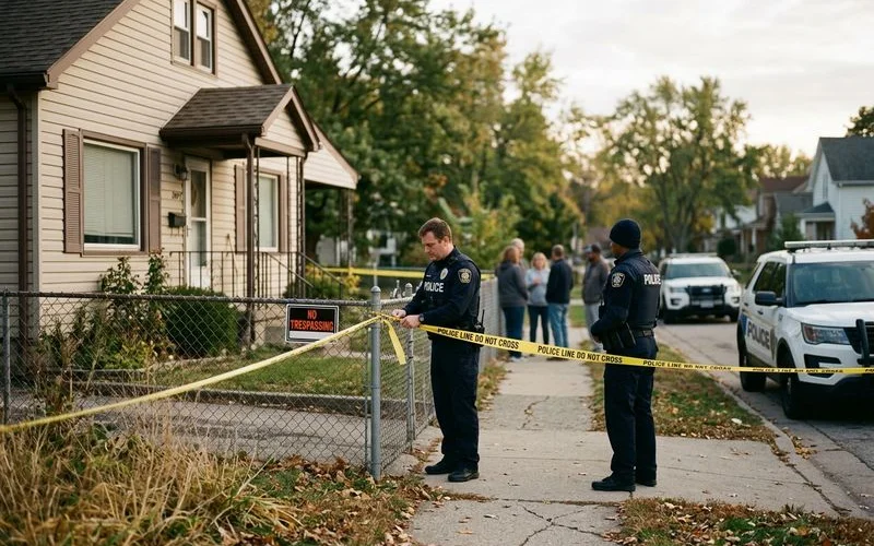 Police tape at a residential property where law enforcement has secured an unattended death scene for investigation