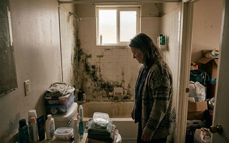 Severe mold growth on bathroom wall and ceiling surfaces caused by prolonged moisture exposure in hoarding conditions requiring remediation