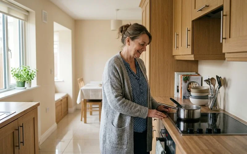 Sparkling clean kitchen countertops and cabinets after professional hoarding restoration showing fully functional cooking space