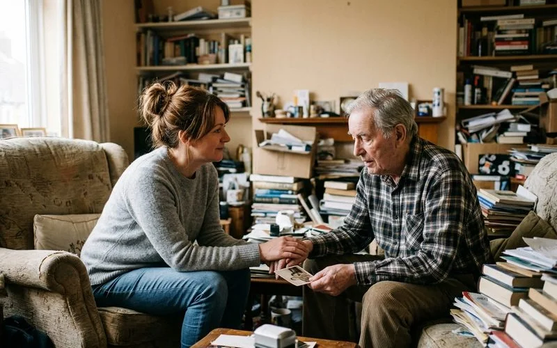 A supportive family member sitting with an elderly parent discussing home safety and clutter concerns with empathy