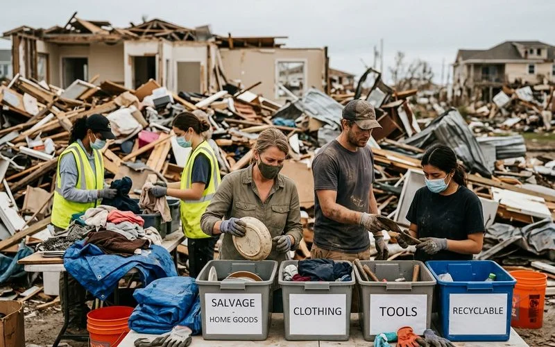 Professional team sorting items during hoarding debris removal
