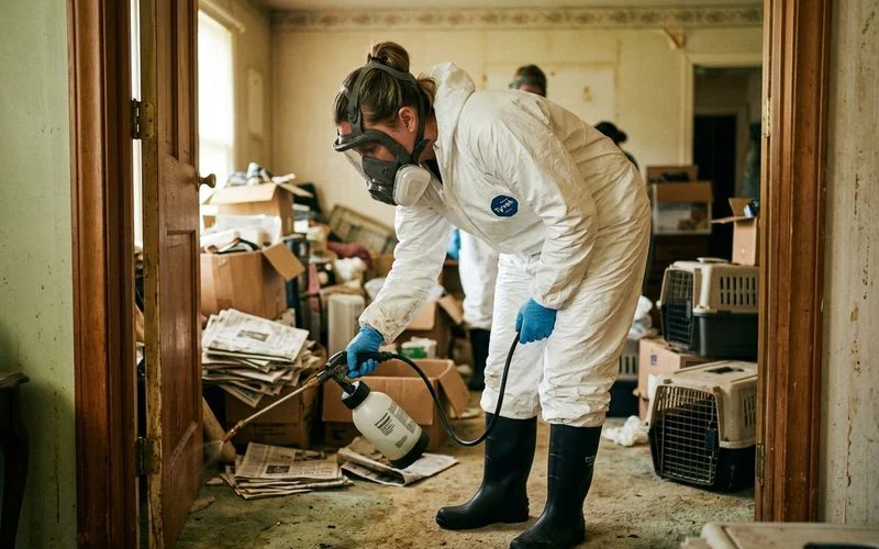 Professional team in PPE handling animal hoarding decontamination