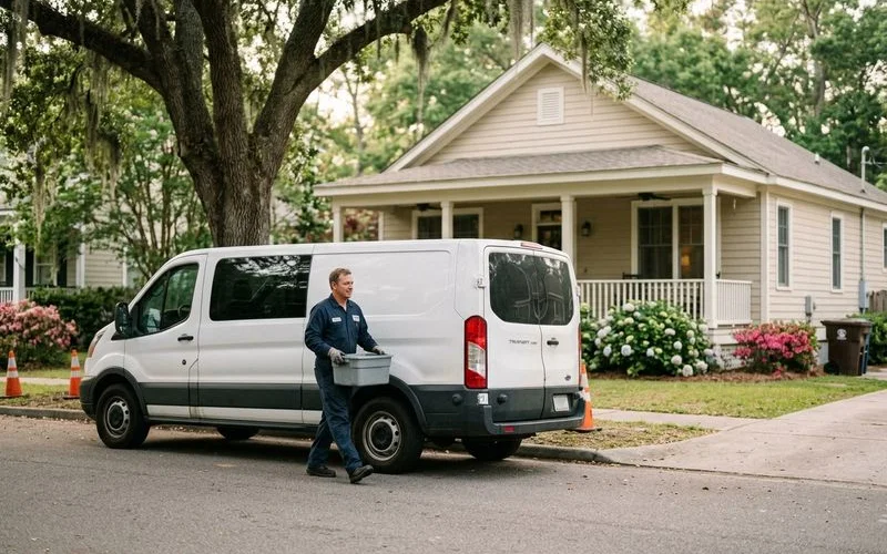 Unmarked professional vehicle parked discreetly at a residential home in Summerville for a private hoarding cleanup service