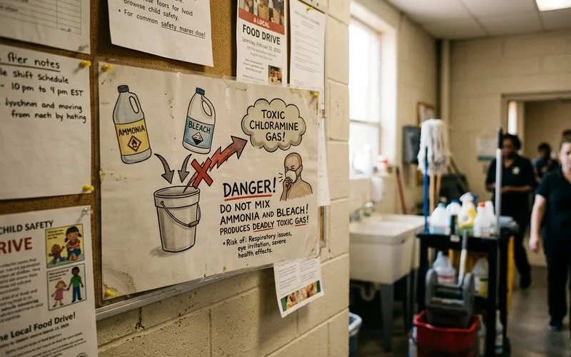 Warning diagram showing chemical reaction between ammonia and bleach producing toxic chloramine gas in cleaning scenario