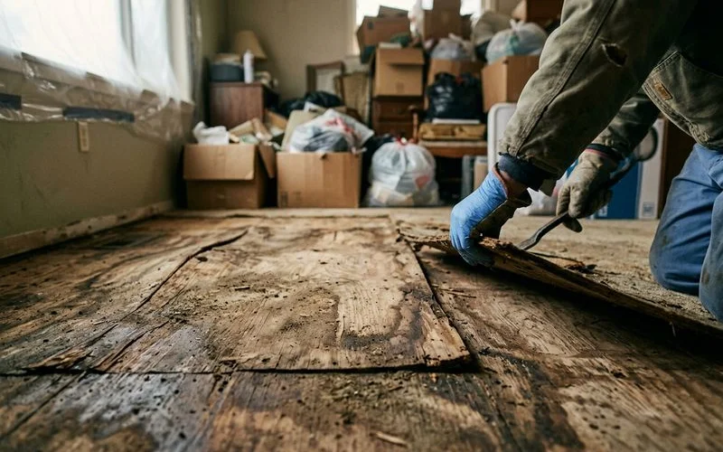 Water damaged subfloor exposed during hoarding cleanup showing warped wood and deterioration from undetected long term moisture